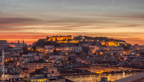 St George castle and old city in the dawn, Lisbon, Portugal