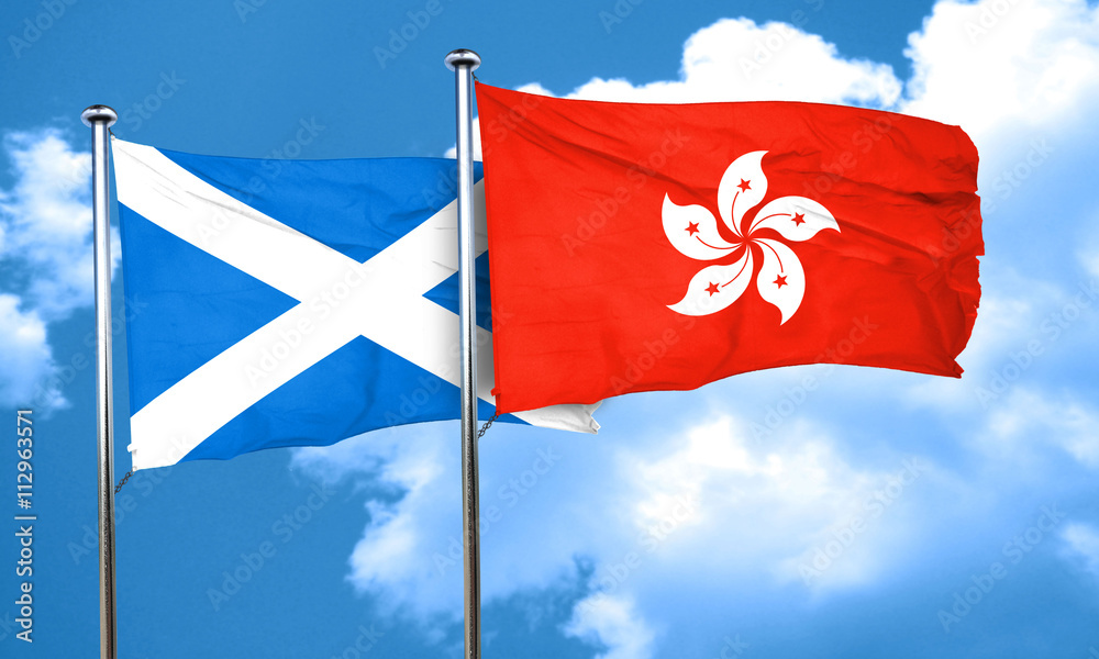 scotland flag with Hong Kong flag, 3D rendering scotland flag with Hong Kong flag, 3D rendering