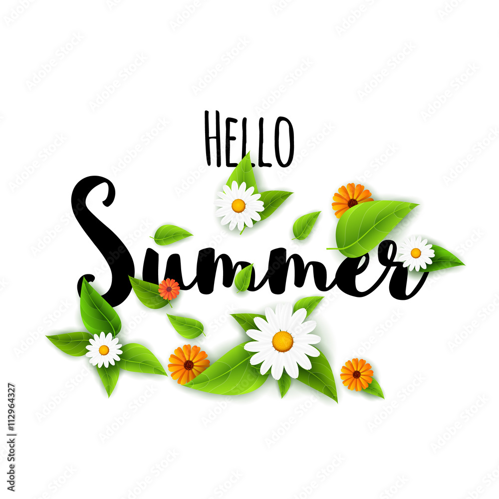 Hello summer lettering typography with flowers on white