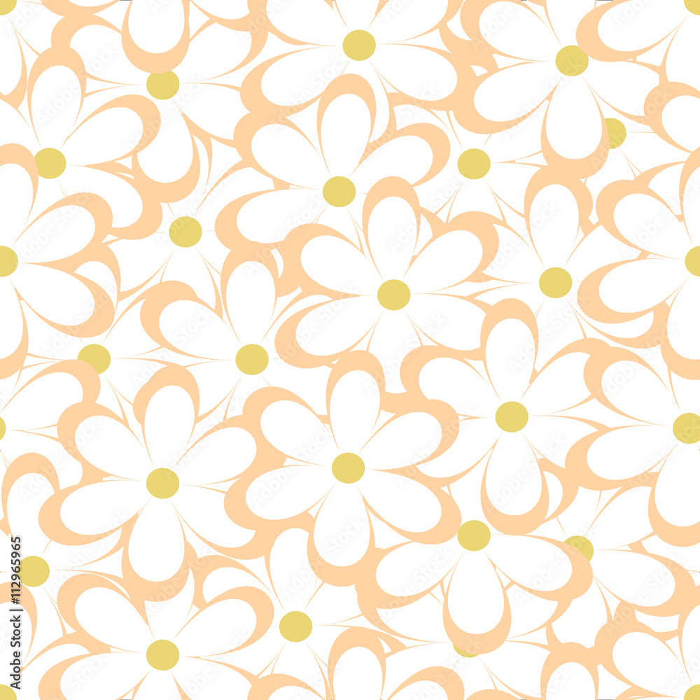 Seamless pattern. Vector illustration with flowers. Vintage floral print. Field of cute daisies. Textile design with chamomiles on white background. Spring or summer template. Surface texture