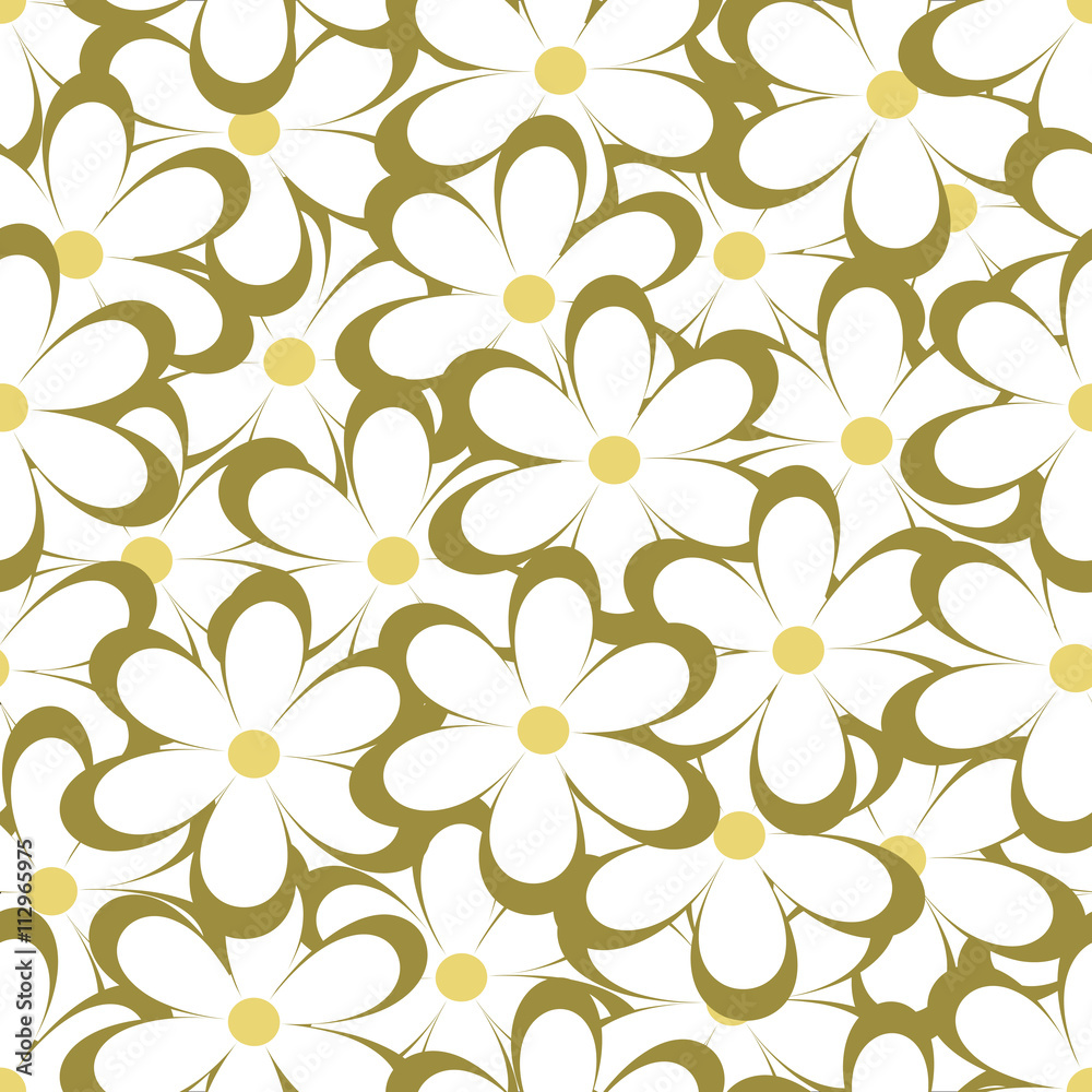Seamless pattern. Vector illustration with flowers. Vintage floral print. Field of cute daisies. Textile design with chamomiles on white background. Spring or summer template. Surface texture. 