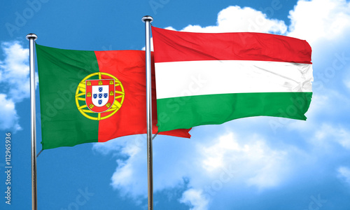 Portugal flag with Hungary flag, 3D rendering