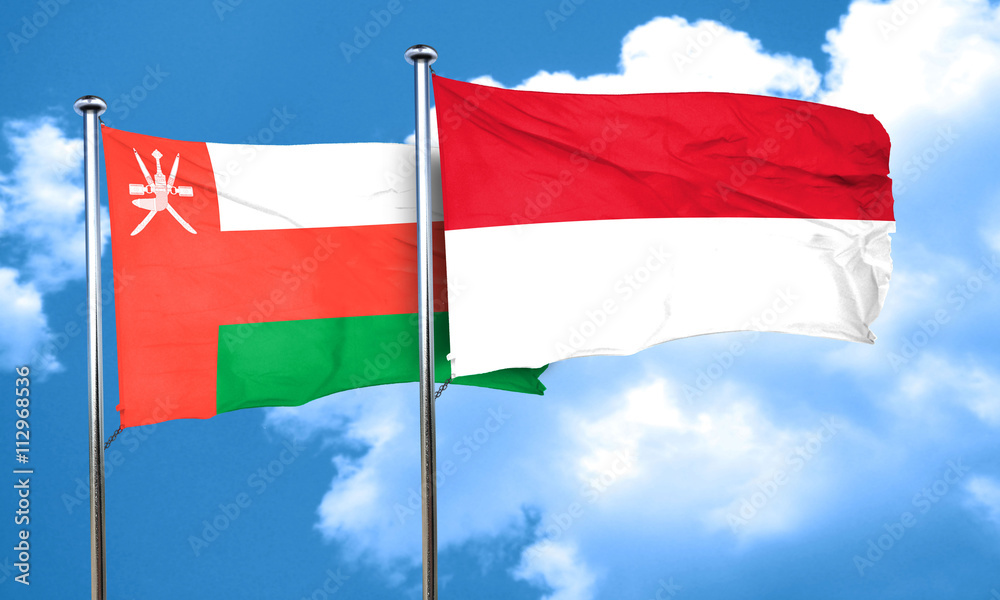 Oman flag with Indonesia flag, 3D rendering Oman flag with Indonesia flag, 3D rendering