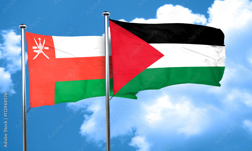 Oman flag with Palestine flag, 3D rendering Oman flag with Palestine flag, 3D rendering