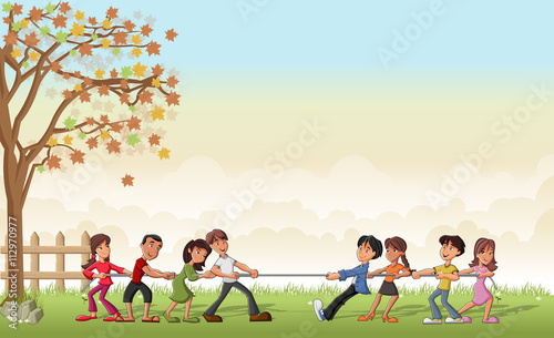 Green grass landscape with children playing Tug Of War
