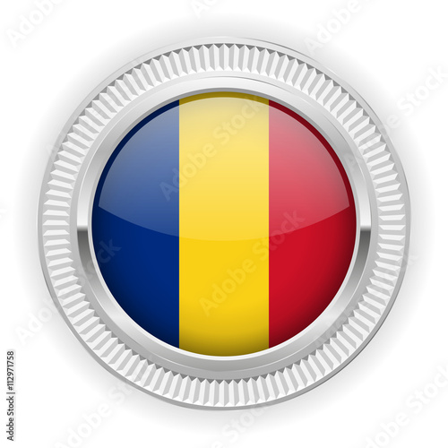 Runder Button mit rumänische Flagge und silber Rand