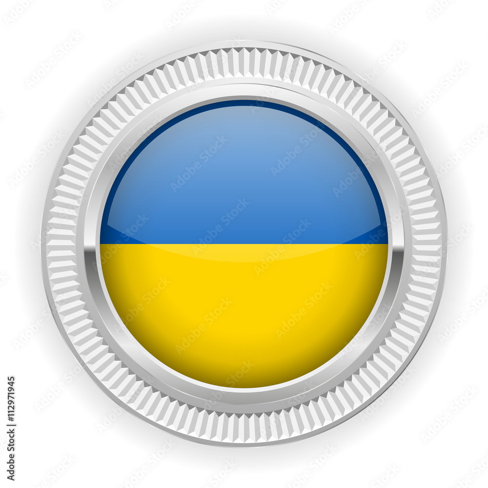 Runder Button mit ukrainischer Flagge und silber Rand Runder Button mit ukrainischer Flagge und silber Rand