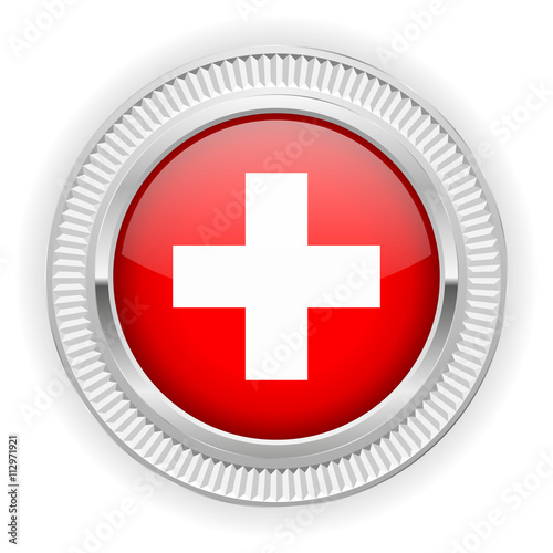 Runder Button mit schweizer Flagge und silber Rand
