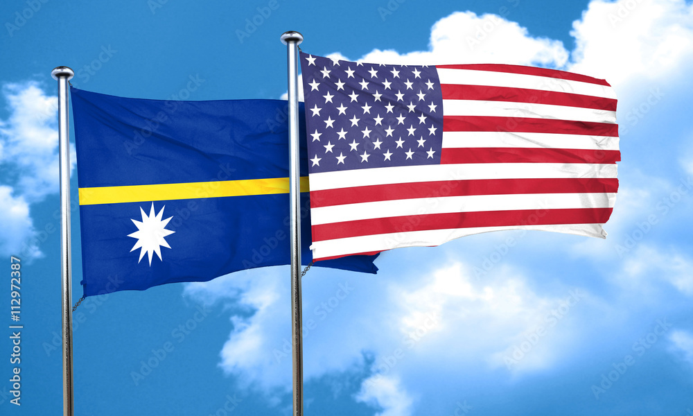 Nauru flag with American flag, 3D rendering Nauru flag with American flag, 3D rendering