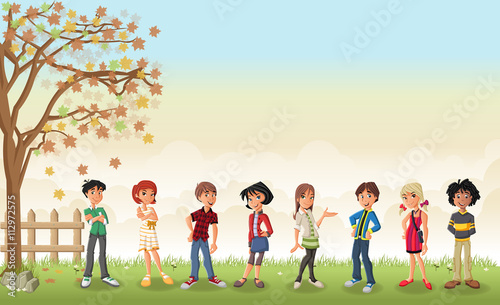 Green grass landscape with cute cartoon teenagers.
