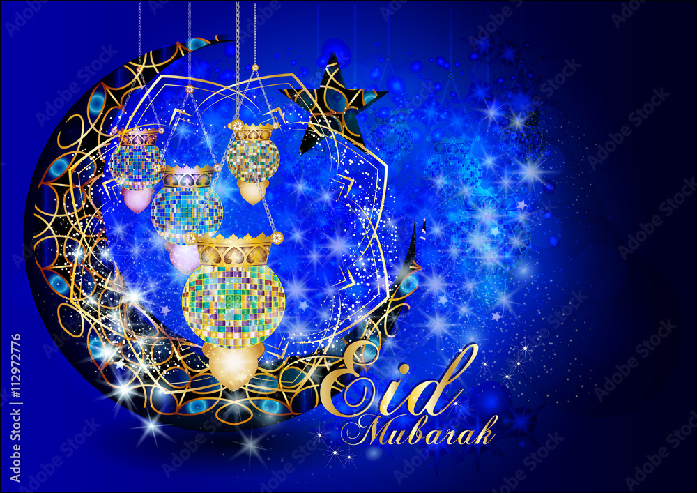 Fototapeta premium Eid Mubarak - muslim islamic holiday colorful eid fanous lanterns hanging with decorations, on a stars and sparkles dark blue night background. Eid Al-Fitr festival.