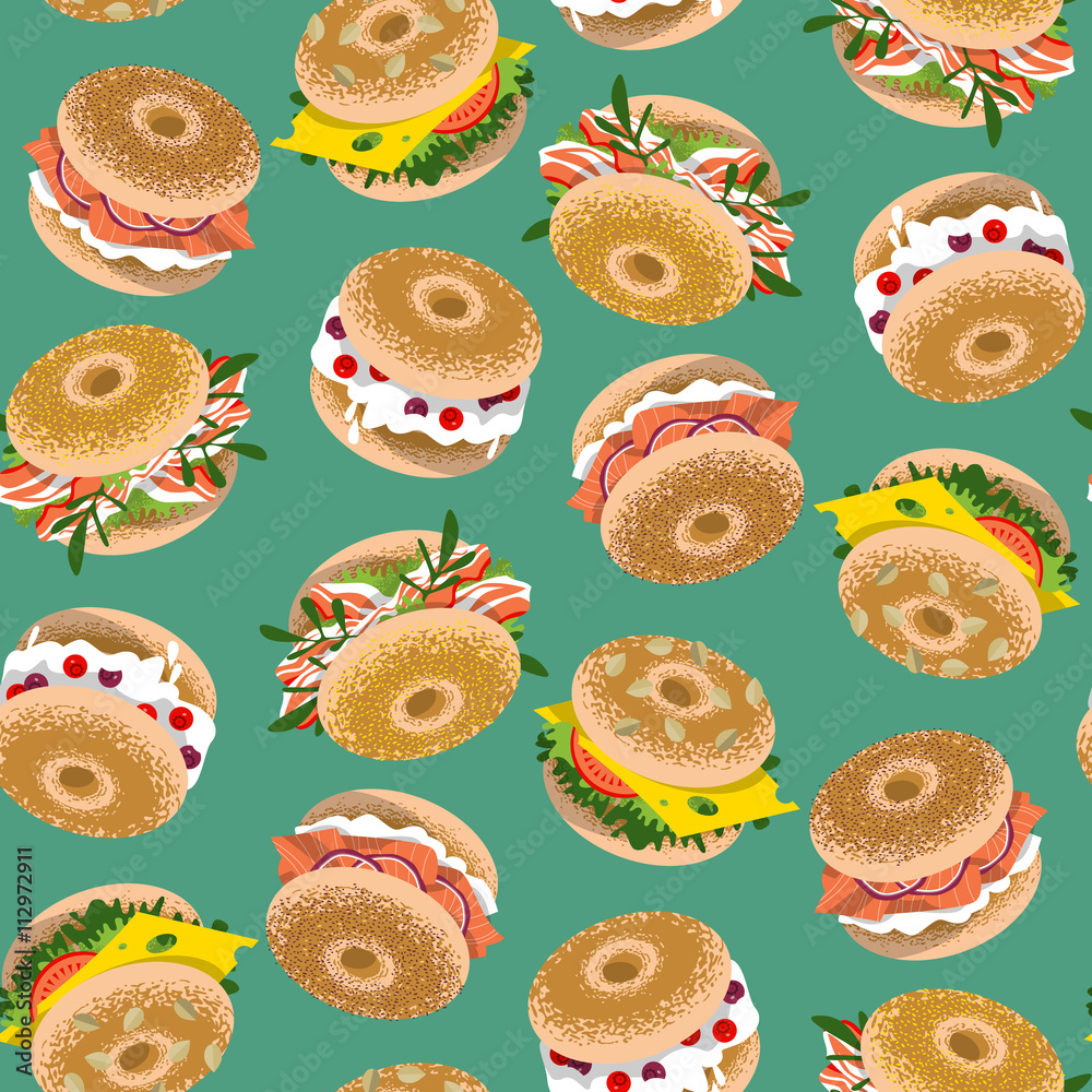 Bagels with various topping. Seamless background pattern.