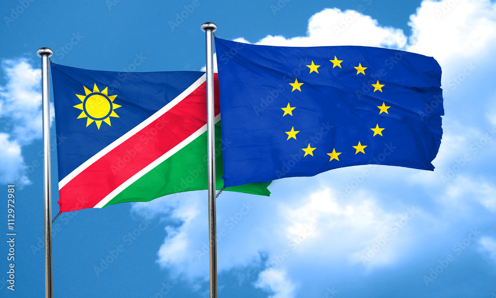 Namibia flag with european union flag, 3D rendering Namibia flag with european union flag, 3D rendering