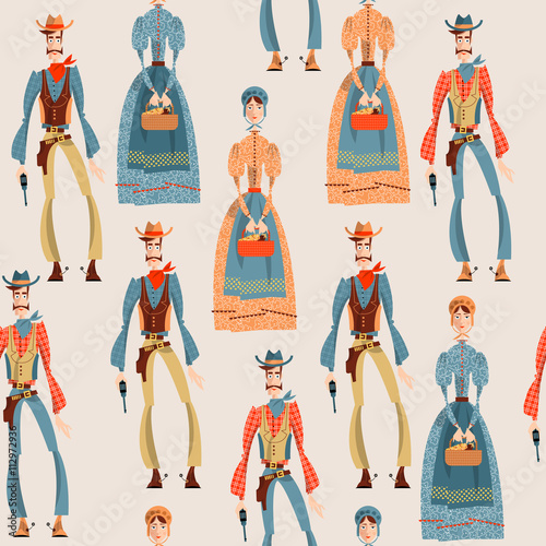 Wild west. Cowboy and girl. Seamless background pattern