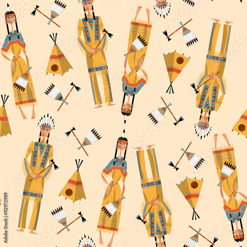 Native american indian couple in traditional clothing. Seamless background pattern.