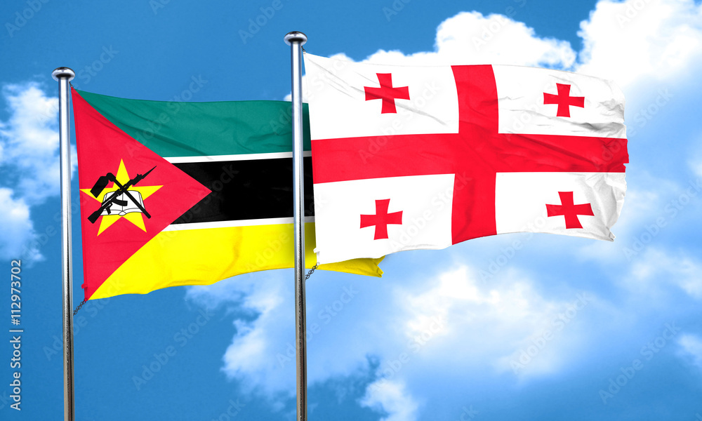 Mozambique flag with Georgia flag, 3D rendering