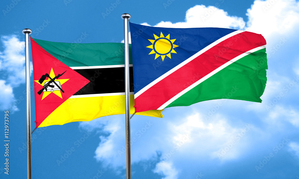 Mozambique flag with Namibia flag, 3D rendering Mozambique flag with Namibia flag, 3D rendering