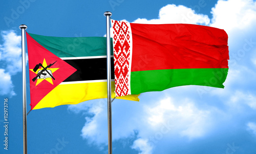 Mozambique flag with Belarus flag, 3D rendering