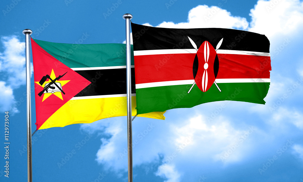 Mozambique flag with Kenya flag, 3D rendering Mozambique flag with Kenya flag, 3D rendering