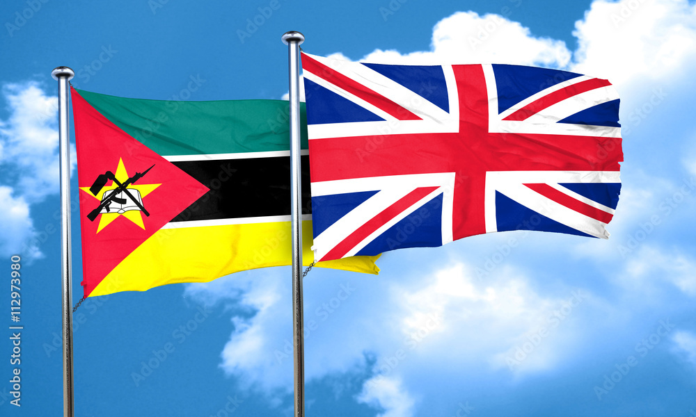 Mozambique flag with Great Britain flag, 3D rendering Mozambique flag with Great Britain flag, 3D rendering