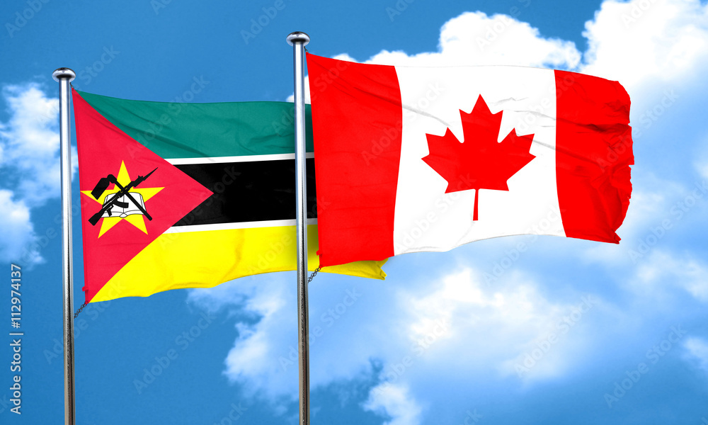 Mozambique flag with Canada flag, 3D rendering Mozambique flag with Canada flag, 3D rendering