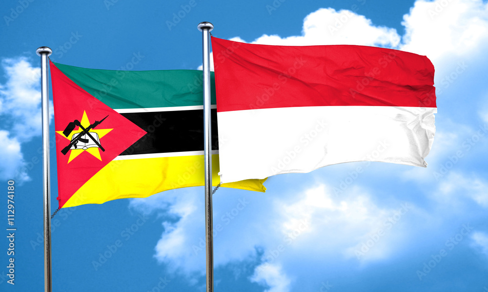 Mozambique flag with Indonesia flag, 3D rendering Mozambique flag with Indonesia flag, 3D rendering