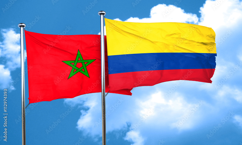 Morocco flag with Colombia flag, 3D rendering Morocco flag with Colombia flag, 3D rendering