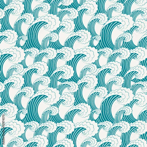 Tapety Ręcznie rysowane wektor wzór. Nowoczesne stylowe niebieskie tło ze strukturą powtarzających się dużych fal podczas burzy. Ilustracja w tradycyjnym japońskim stylu.