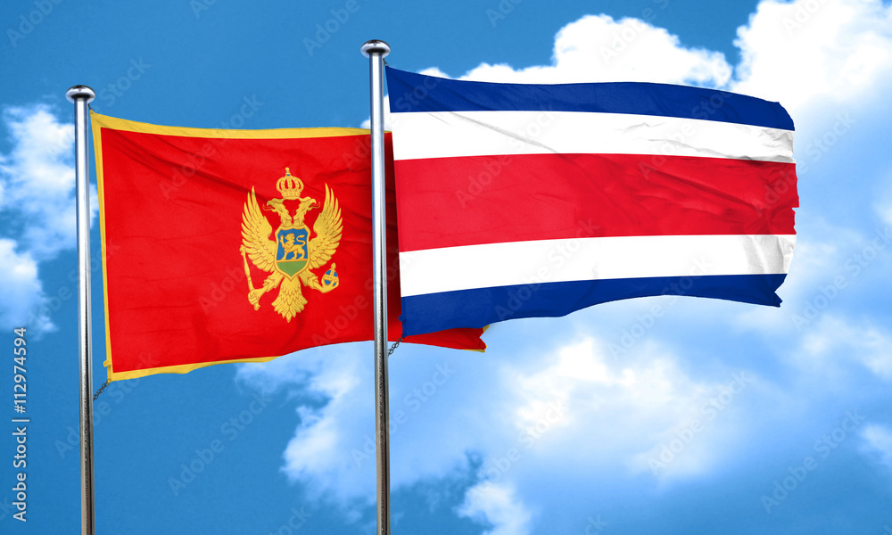Montenegro flag with Costa Rica flag, 3D rendering Montenegro flag with Costa Rica flag, 3D rendering