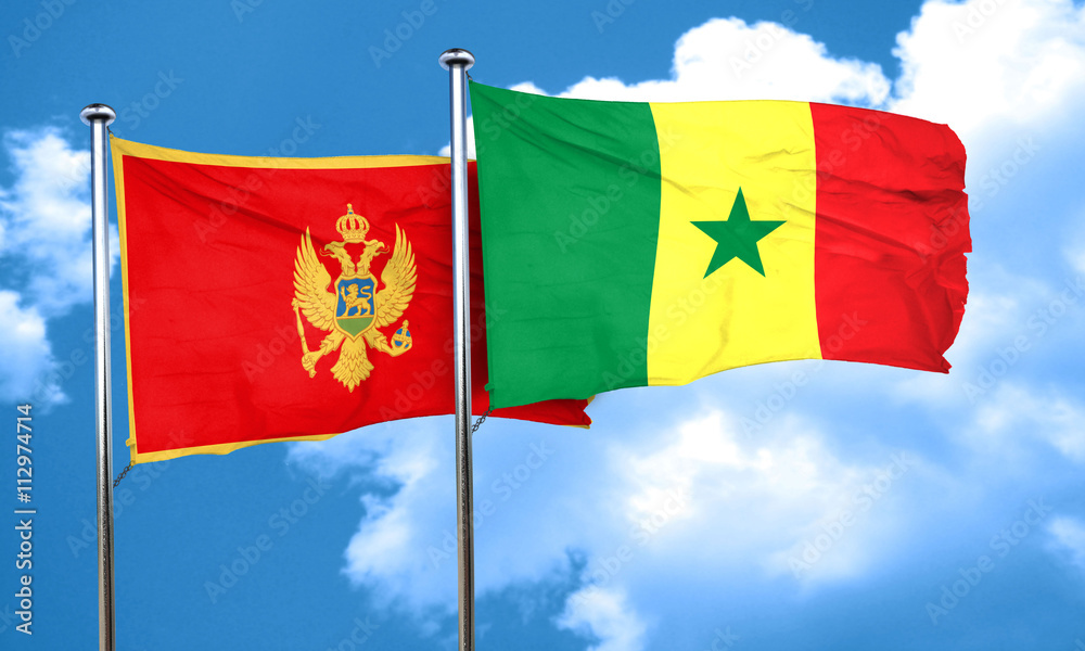 Montenegro flag with Senegal flag, 3D rendering Montenegro flag with Senegal flag, 3D rendering