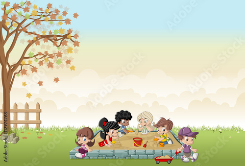Fototapeta Naklejka Na Ścianę i Meble -  Cute happy cartoon kids playing in sandbox on the backyard
