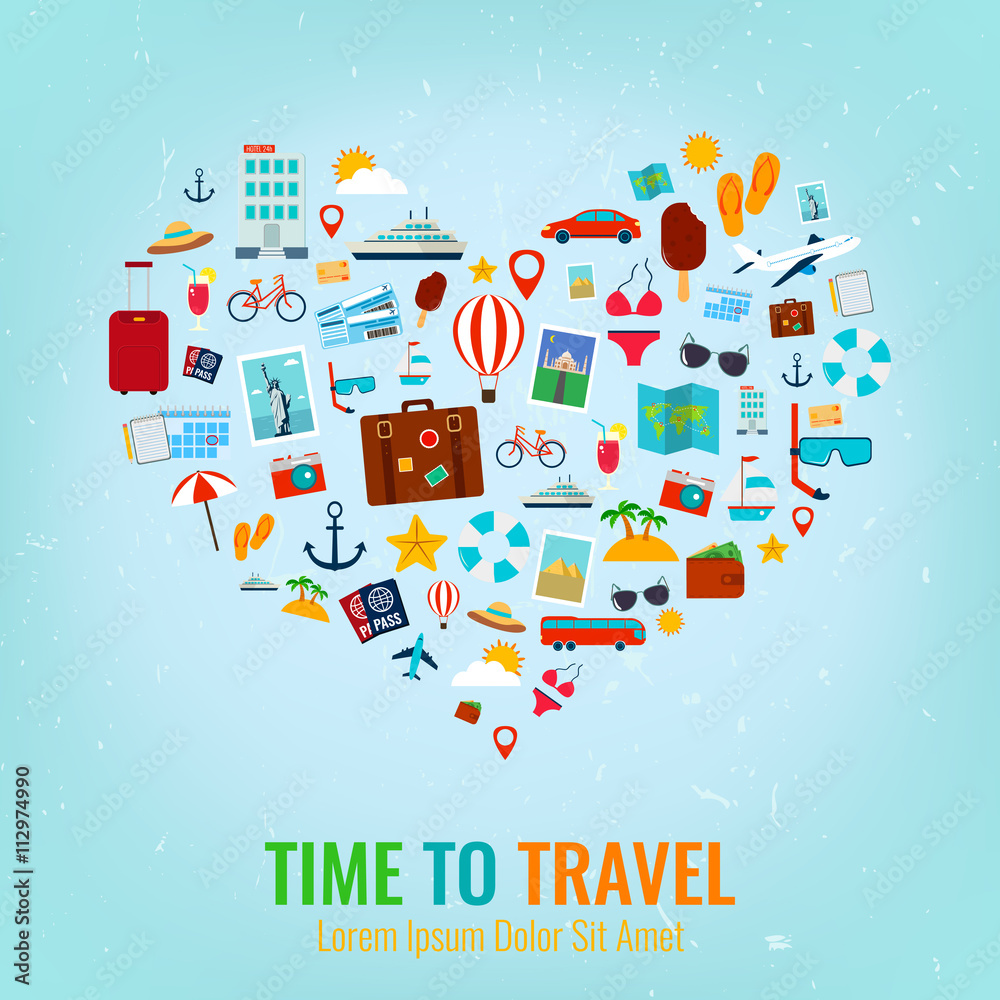 Heart silhouette with travel flat icons. Travel and tourism concept. Vector