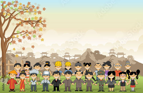Green grass landscape with chinese happy cartoon people
