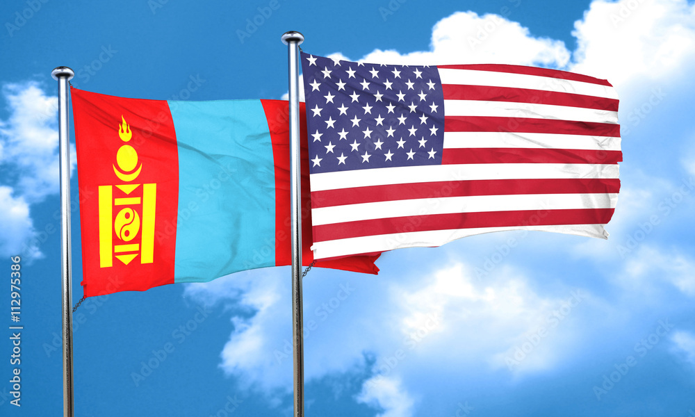 Mongolia flag with American flag, 3D rendering Mongolia flag with American flag, 3D rendering