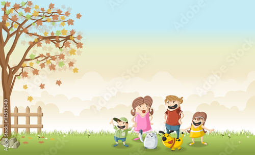 Green grass landscape with cute cartoon family.    