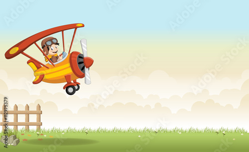 Cartoon pilot boy on a airplane flying over green grass landscape