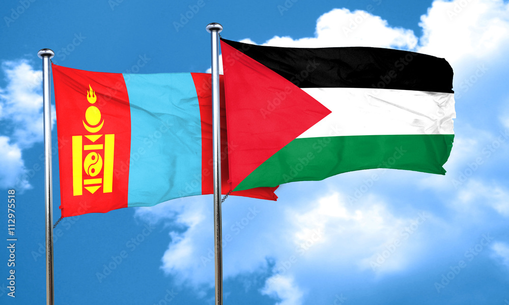Mongolia flag with Palestine flag, 3D rendering Mongolia flag with Palestine flag, 3D rendering