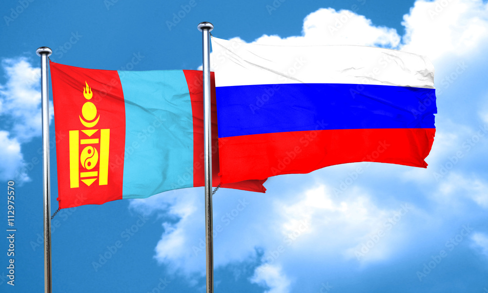 Mongolia flag with Russia flag, 3D rendering