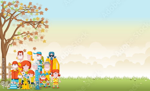 Green grass landscape with cute cartoon family.

