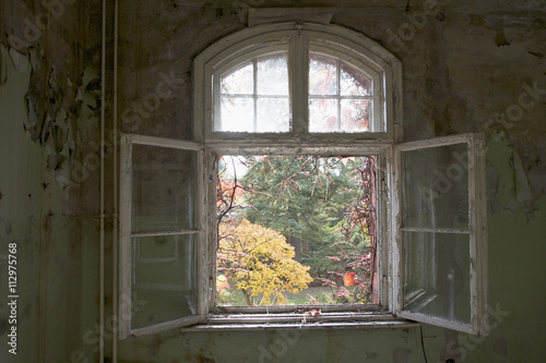 An open window in an abandoned building, Beelitz-Heilstaetten, Germany