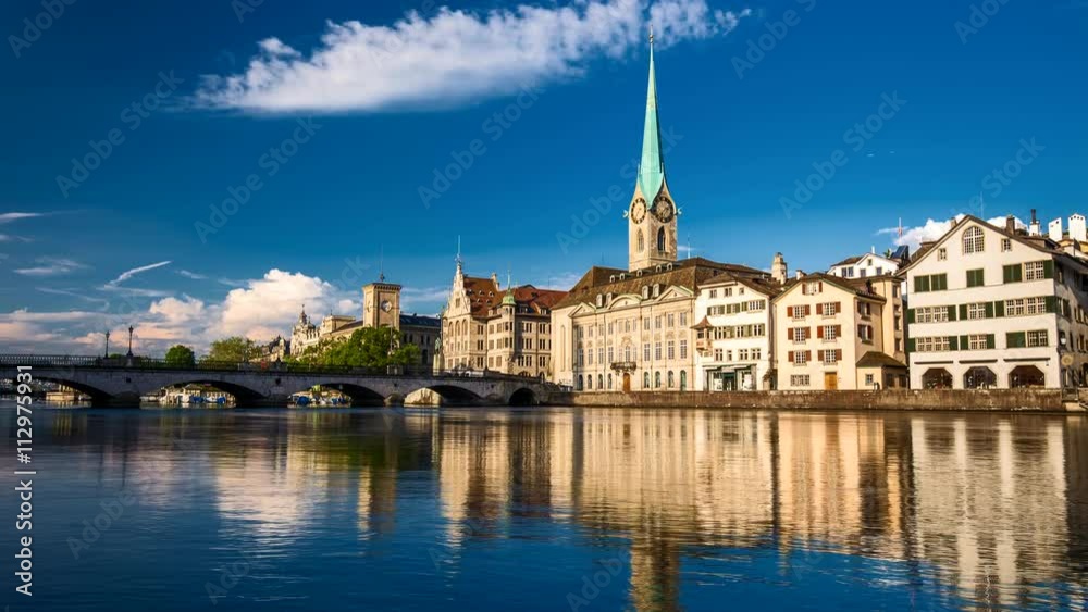 View of historic Zurich city center with famous Fraumunster Church, Limmat river and Zurich lake