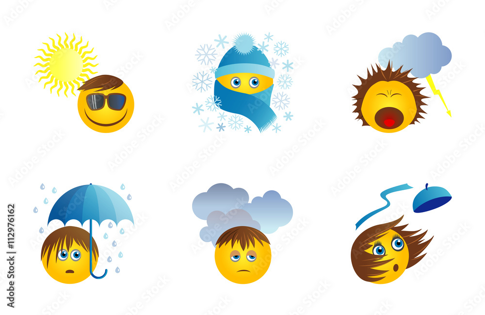Six funny original icons with emoticons for weather report. Suny day, snow, storm, rain, cloads, wind. Vector set Stock Vector | Adobe Stock Six funny original icons with emoticons for weather report. Suny day, snow, storm, rain, cloads, wind. Vector set Stock Vector | Adobe Stock