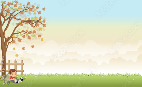 Green grass landscape with cartoon boy reading a book.

