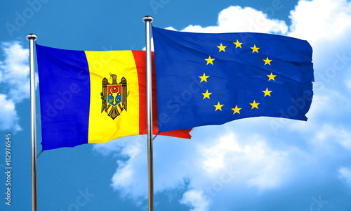 Moldova flag with european union flag, 3D rendering