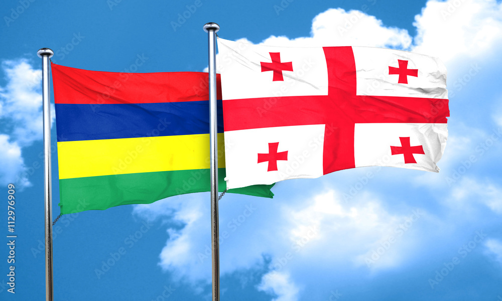 Mauritius flag with Georgia flag, 3D rendering