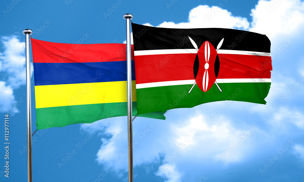 Mauritius flag with Kenya flag, 3D rendering Mauritius flag with Kenya flag, 3D rendering