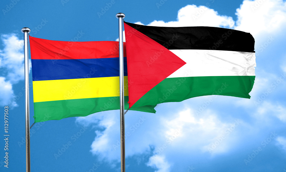Mauritius flag with Palestine flag, 3D rendering Mauritius flag with Palestine flag, 3D rendering