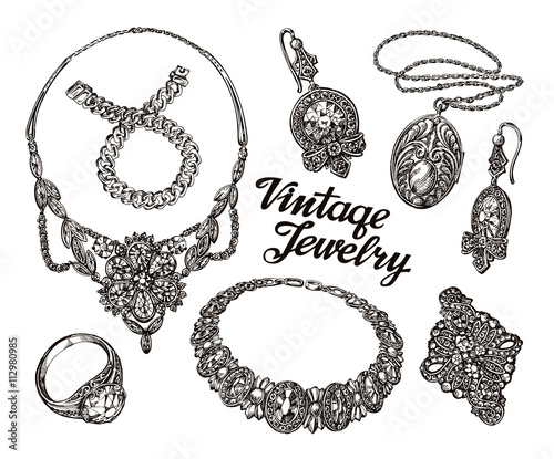 Collection vintage Jewelry. Gold and Precious Stones. Hand drawn sketches vector illustration