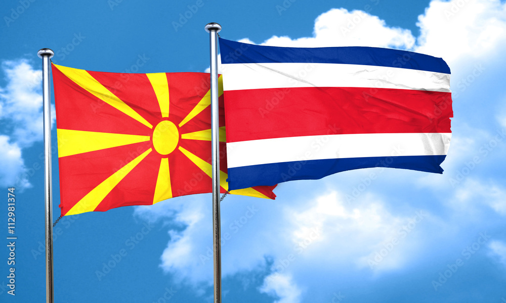 Macedonia flag with Costa Rica flag, 3D rendering Macedonia flag with Costa Rica flag, 3D rendering