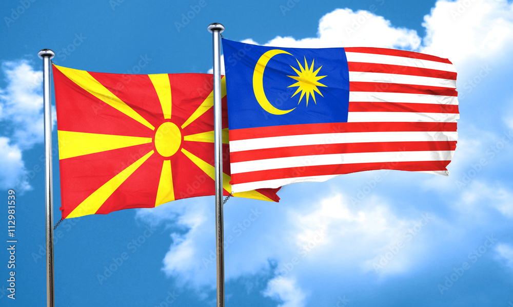 Macedonia flag with Malaysia flag, 3D rendering Macedonia flag with Malaysia flag, 3D rendering